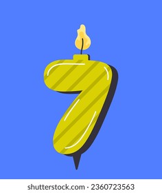 El concepto de la vela de cumpleaños número 7. Verde número siete. Fiesta y celebración anual. Elemento gráfico para el sitio web. Dibujo vectorial plano de dibujos animados aislado en fondo azul