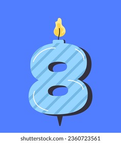 Numbered birthday candle 8 concept. Blue number eight. Decor for pie and cake. Sticker for social networks and messengers. Cartoon flat vector illustration isolated on blue background