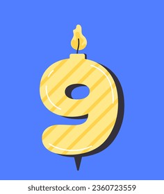 Numbered birthday candle 9 concept. Yellow number nine. Annual party and event. Celebration and festival. Template, layout and mock up. Cartoon flat vector illustration isolated on blue background