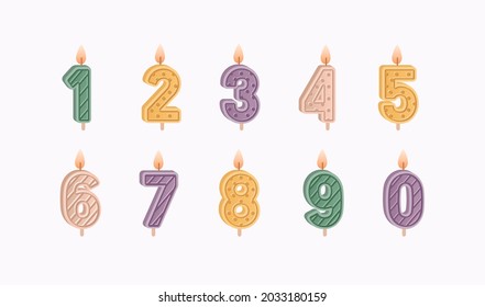 Numbered birthday candles set for 1, 2, 3, 4, 5, 6, 7, 8, 9 ages and year anniversaries celebration. Decorative wax candlelights with flames. Flat vector illustration isolated on white background