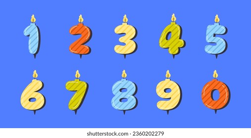 Numbered birthday candles set. Decor elements for annual holiday and event. Decoration for cakes. Wax colorful numbers with flame. Cartoon flat vector collection isolated on white background