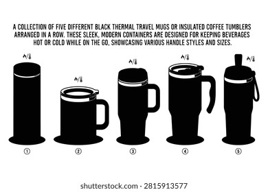 Numbered black silhouettes of portable drink containers. Thermal vacuum cups for hot beverages. Flat design icons.