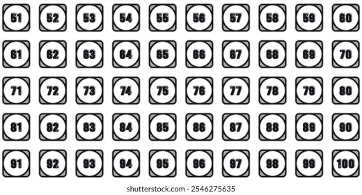 Numbered, colored points arranged from fifty-one to one hundred. Flat circles, premium abstract black squares