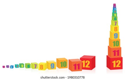 Numbered cube toy tower before and after building. Set of 12 colorful cubes sorted by size and rainbow colors, lying around and stacked on top of each other. Vector illustration on white.
