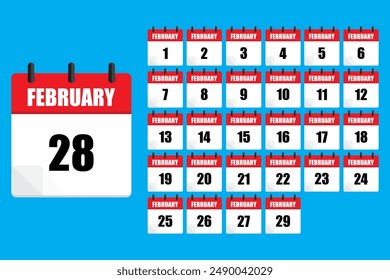 Numbered dates. Vector icons. Blue background. February header.