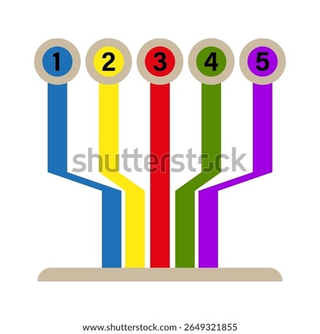 Numbered flow lines. Color branch vector. Hierarchy chart symbol. Vertical path motif.
