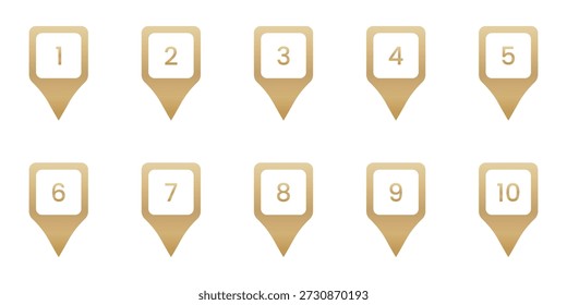 Numbered Gold Location Pin Icon Set. Sequential Numbering And Navigation Golden Marker Symbol Collection. Geolocation, Mapping, And Wayfinding Design Elements. Isolated Vector Illustration.