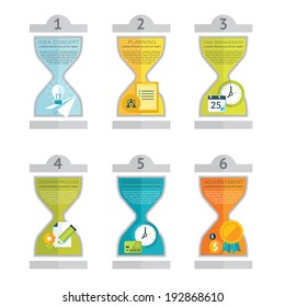 Numbered infographic design in sand clock forms. Number options. Colorful sand clock forms with info and flat icons. Design concept for business. Vector illustration.