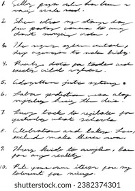 Numbered list, hand written in old fashioned cursive script in pen and ink. Recipe list, to do list, motivations or affirmations list. Unreadable, illegible gibberish text.