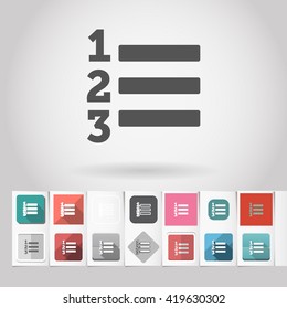Numbered list square icons set for minimalistic applications. Contain flat, monochrome and stereoscopic buttons