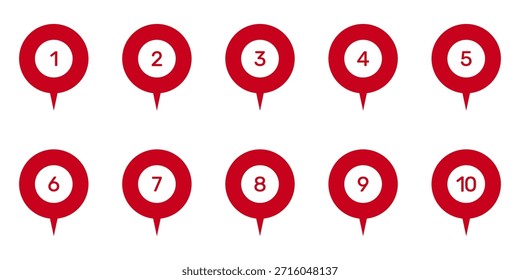 Numbered Location Pin Markers for Navigation and Mapping Icon Set. Geographic Position Indicators and Route Point Pins for Maps and Tracking Symbol Collection. Isolated Vector Illustration.