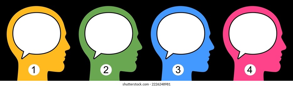 Numbered men with empty bubbles in heads for text or answer placement. Male quiz, or sociological survey vector banner illustration.