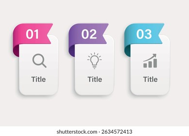 Numbered modern infographic cards with minimal flat icons and curled ribbons