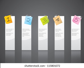 Numbered notepapers attached to white labels on dark background