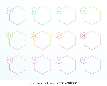 Numbered Outline Hexagon Text Boxes 1 to 12 Vector