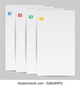 The numbered sheets of paper.Set of white sheets of paper with numbers isolated on white background.Blank white sheet of paper with space for your design