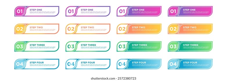 Numbered Step Banners, Sixteen colorful banners for step-by-step presentations.