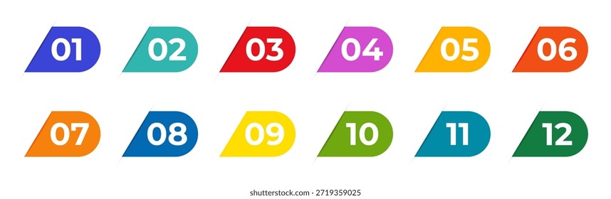 Etiquetas numeradas del 1 al 12 en Formas redondeadas de colores. Limpie los elementos de la infografía para las líneas de tiempo y la visualización de procesos