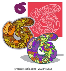 Numbering six,6. Numbering, figures in the form of fantastic animals. Vector illustration.