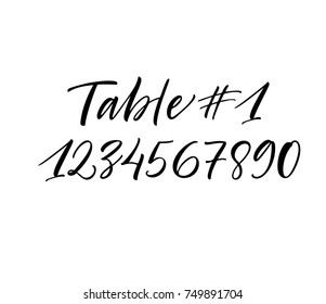 Numbering tables for the wedding. Ink illustration. Modern brush calligraphy. Isolated on white background.