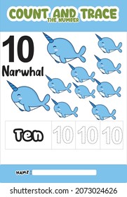 numbering trace and color narwhal .for kids.