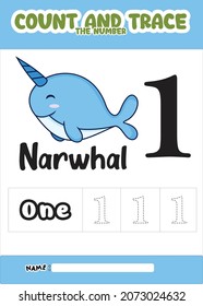numbering trace and color narwhal .for kids.