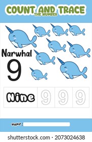 numbering trace and color narwhal .for kids.