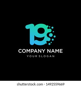 Numberr 19 with dot shape. molecule and Lab Logo Design Element. perfect for technology,software, network and science brand. Liquid gradient shape, Alphabet ecology with water and dew drops. - vector
