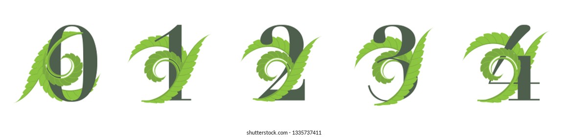 Numbers 0, 1, 2, 3, 4 with green leaves, can be separated from the background. Is a vector job