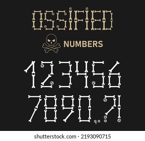 Numbers 0, 1, 2, 3, 4, 5, 6, 7, 8, 9 made of bones for Halloween, Dia de los Muertos holidays design. Set with question mark, exclamation point, comma. White symbols on black background.