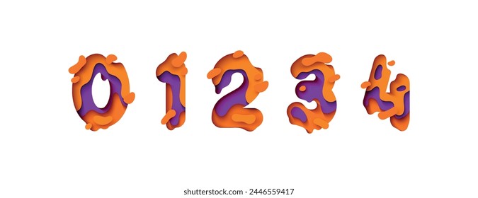 Numbers 0, 1, 2, 3, 4, font design in paper cut style. vector illustration