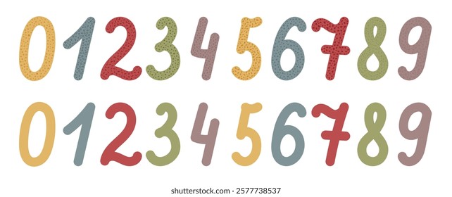 Numbers 0, 1, 2, 3, 4, 5, 6, 7, 8, 9. Set of hand drawn number, star, circle, bow, rhombus, square, leaf, snowflake, heart, note, slice