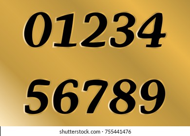 Numbers 0, 1, 2, 3, 4, 5, 6, 7, 8, 9. Gold contour shapes .