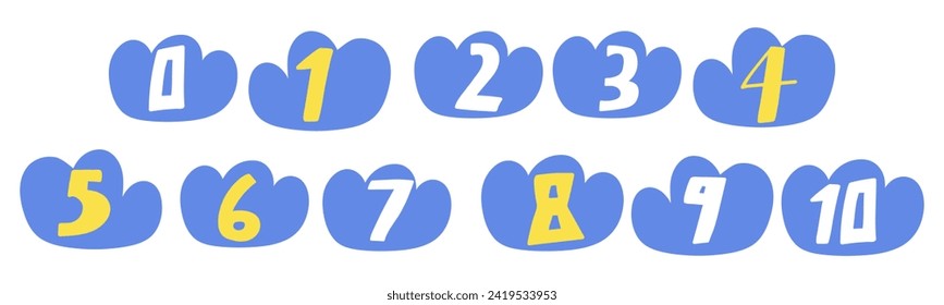 Numbers 0 - 10.  Clouds. Study counting for children. Flat design. Hand drawn vector illustrations on white background.