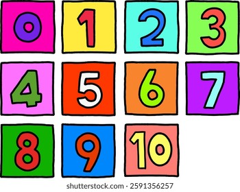 Numbers 0 to 10 in colorful squares