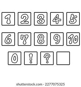 The numbers from 0 to 10, enclosed in a square, and the ! mark and ? mark.