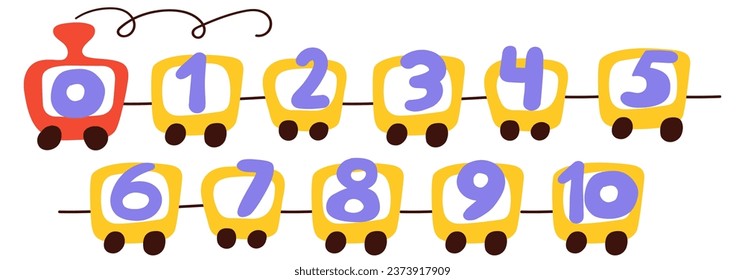 Numbers 0- 10. Little train. Learning to count for children. Vector design. Illustration on white background.