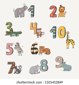 the numbers from 0 to 9 with african animals illustrations vector set