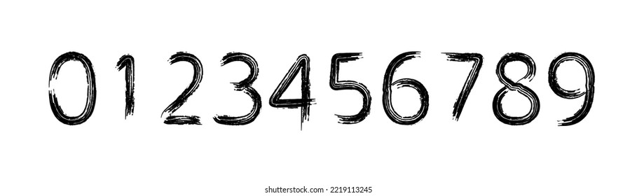  Numbers from 0 to 9 black brush drawing, vector image