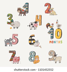 the numbers from 0 to 9 with farm animals illustrations vector set