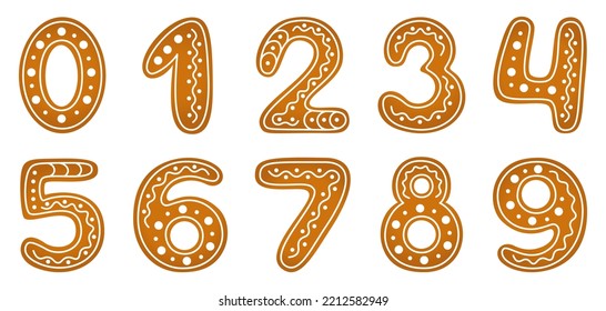 Numbers from 0 to 9 in gingerbread cookies style. Christmas and winter holiday theme. Vector illustration isolated on white background. 