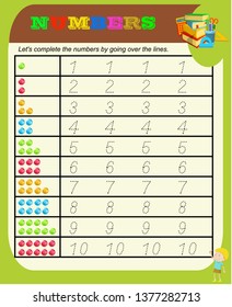 Numbers from 0 to 9, handwriting tracing practice sheet, writing training for children, kids preschool activity, educational game, printable worksheet, learning to count, vector Illustration