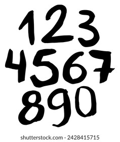 Numbers from 0 to 9. Handwritten with brush, black ink, vector illustration, marker pen. Irregular shapes, isolated on white background. Number, organic shape, 1, 2, 3.
