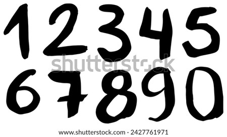 Numbers from 0 to 9. Handwritten with brush, black ink, vector illustration, marker pen. Irregular shapes, isolated on white background. Number, organic shape, 1, 2, 3. 
