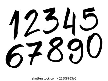 Numbers from 0 to 9 handwritten with marker pen. Vector Beautiful calligraphy. Handmade. Brush, irregular shapes. one, two, three, four, five, six, seven, eight, nine, zero. Font, type, scribble. 