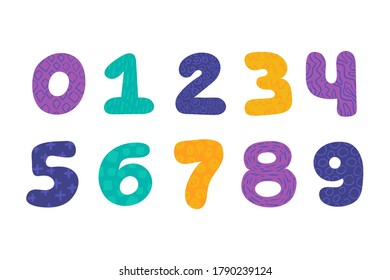 Numbers from 0 to 9 in kids style, textured. Colorful 123 yellow, purple, green, violet. Funny hand drawn umbers for counting and children education. Isolated