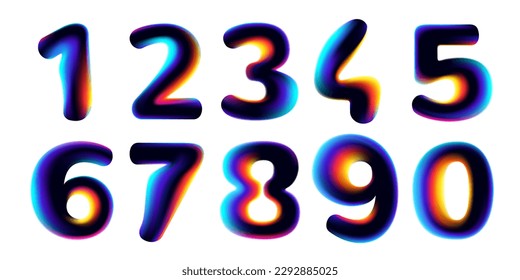 Numbers 0 to 9 with neon glitch. Multicolor gradient signs with double exposure and illusion effect. Glowing color shift vector icons. Perfect for your vibrant heading, video game screen, Sale banner.