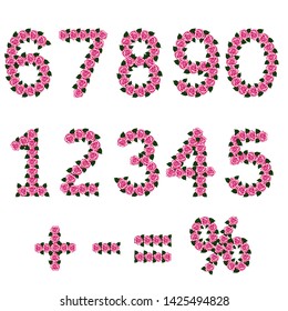 Numbers from 0 to 9 of roses, with signs: plus, minus, equal and percent