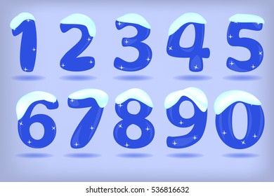 Numbers from 0 to 9 under snow isolated in  blue background. Eps10.