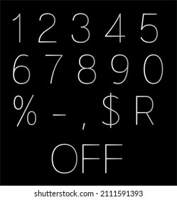 Numbers from 0 to 9; white gradient; minimalist; editable color, editable and removable background; percentage, subtraction, comma, dollar sign, reais, off